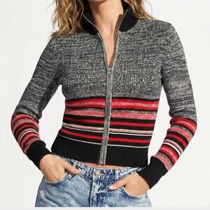 Urban Outfitters BDG Quinn Striped Zip Up Retro Sweater Gray Red Black Small